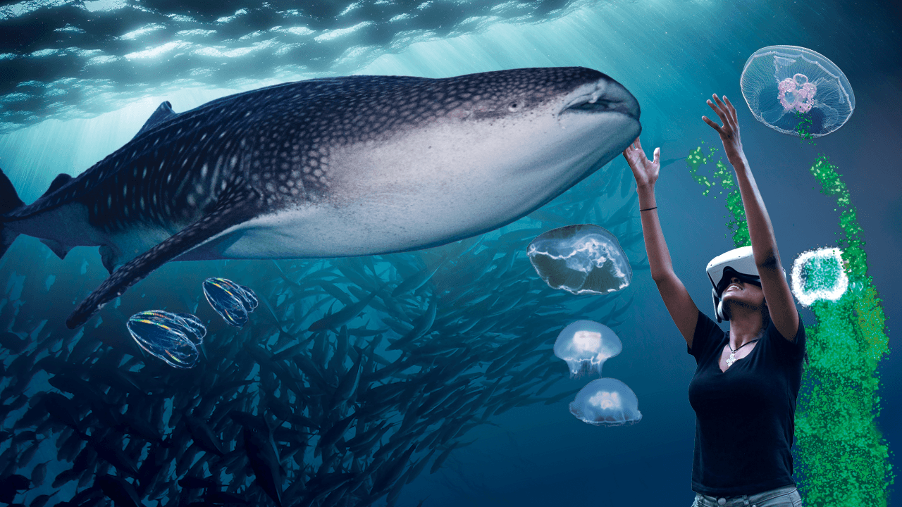 A person wearing a virtual reality headset reaches their arms over their head. The background makes it appear as if the person is underwater, with jelly fish, a whale shark and other fish.