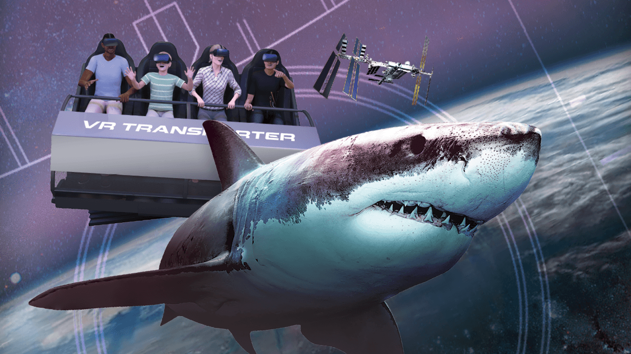 Four people sit in a virtual reality ride. A shark in the foreground, with a space station in the background