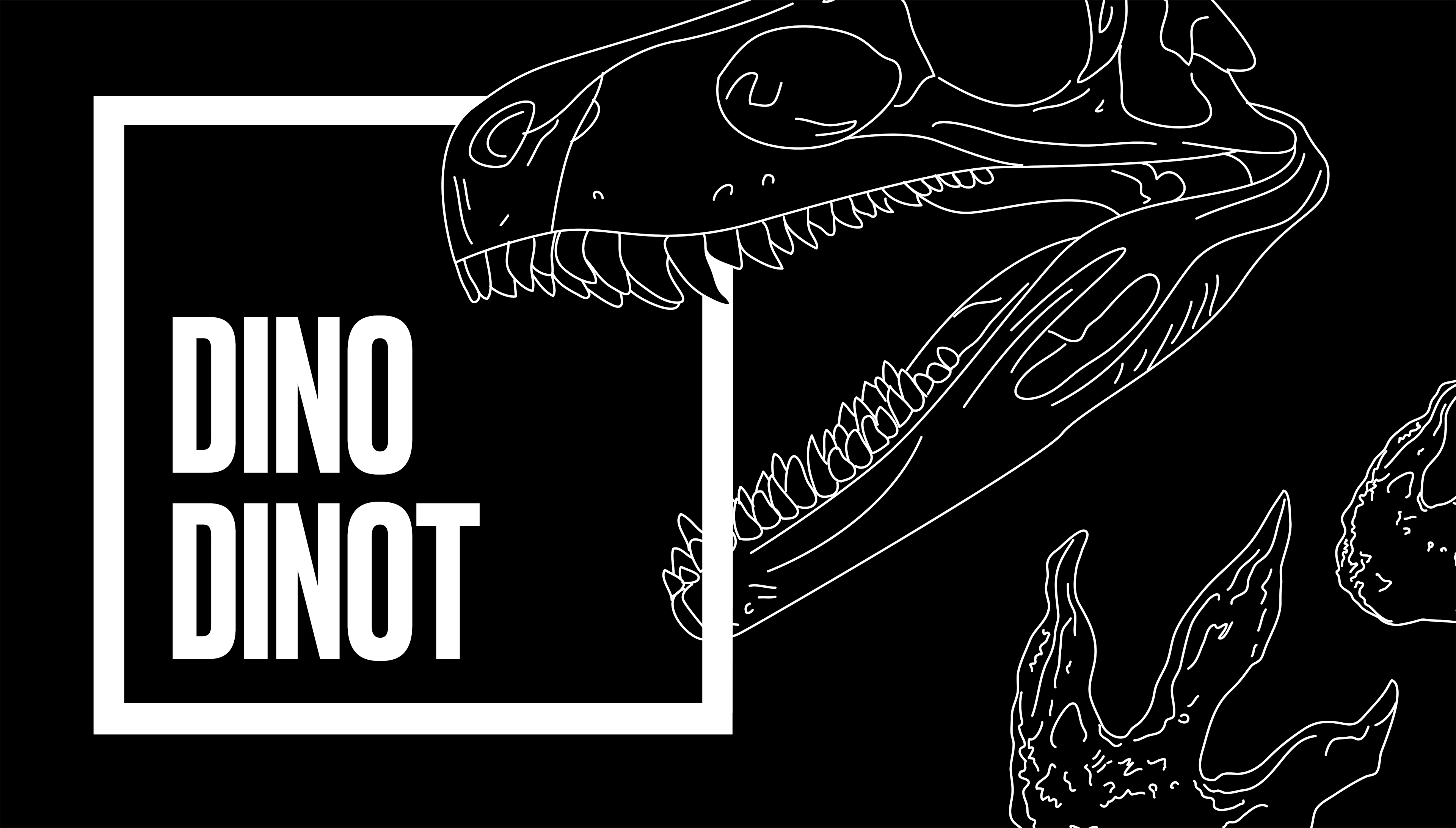 Dino Dinot logo with line drawing of a T. rex fossil skull